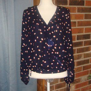 Lumiere Navy Acorn Print Wrap Top M